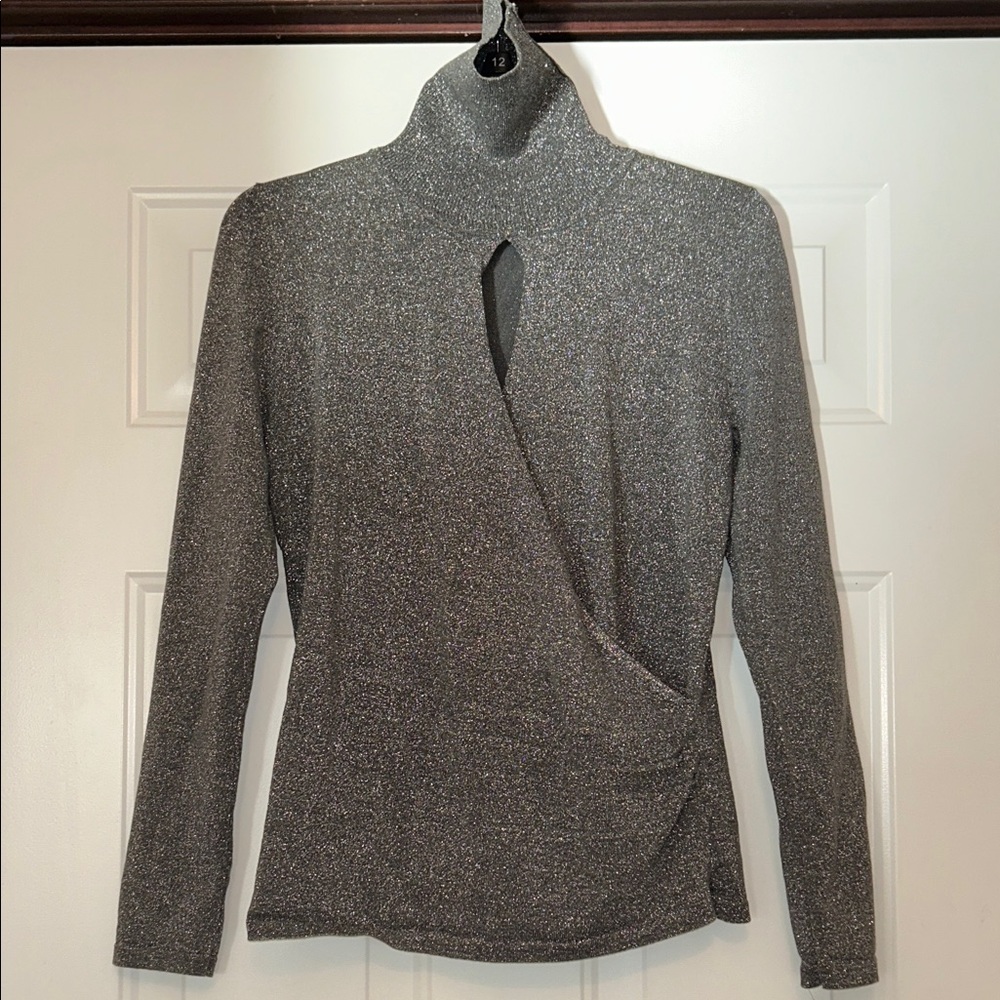 Grace Elements Silk Blend Turtleneck Sweater M Gray Sparkling Open Front Date